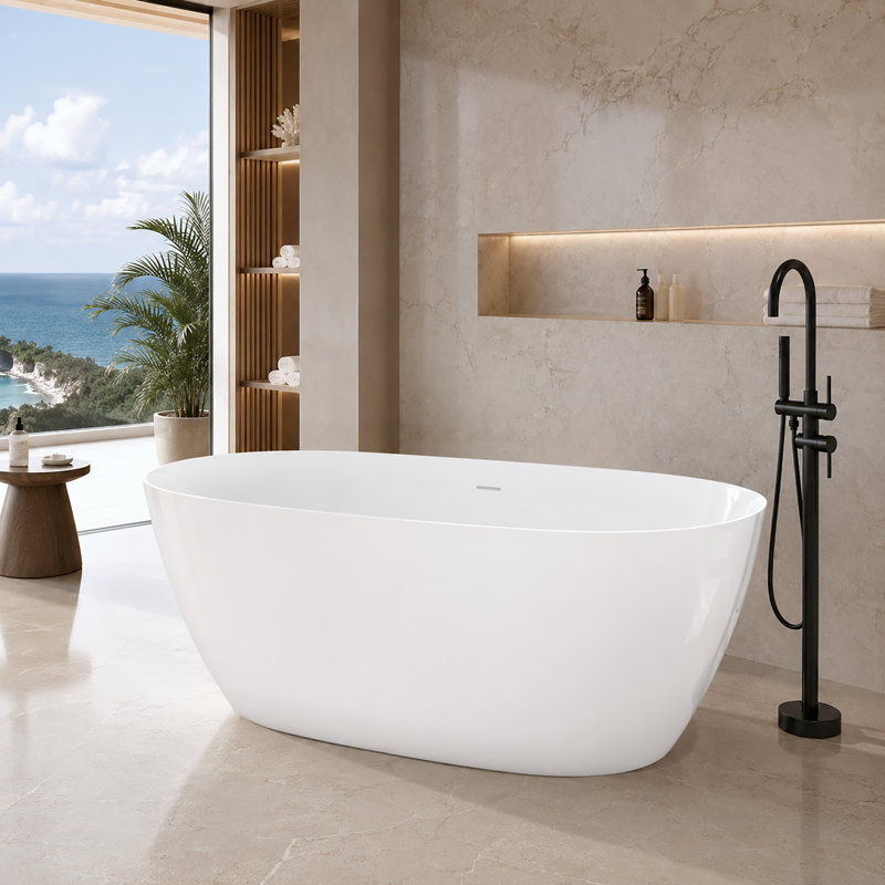 Baignoire autoportante ovale en acrylique de 140 cm (55 po), profondeur d'immersion de 39 cm (15,3 po), bonde centrale et trop-plein intégré, blanc brillant