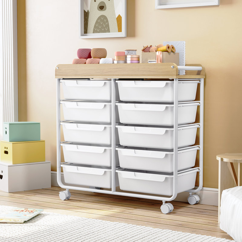 Metal Rolling Cart with Wheels，Rolling Storage Cart with 10 Large Drawers, Utility Cart with Wooden TableTop, White