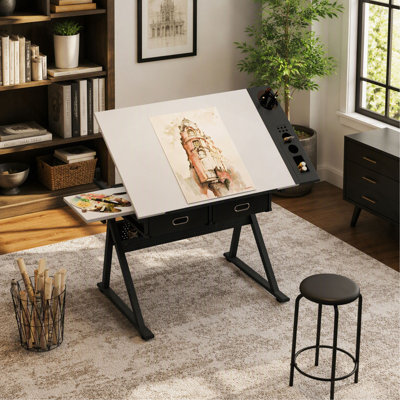 Adjustable Drafting Table, with 2 Drawers & Stool, for Home Office or School