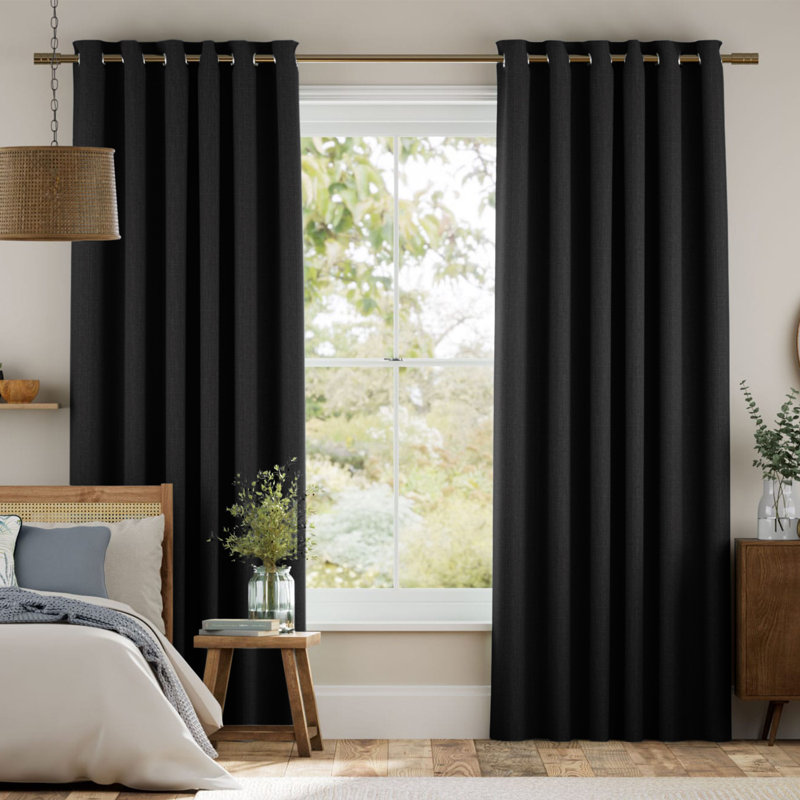 Luxury Ready Made Blackout Eyelet Thermal Curtains (Set Of 2) , 168cm Width x 137cm Drop, Black