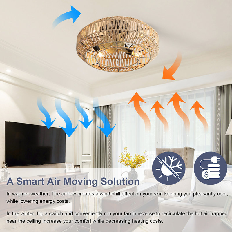 Nouveau ventilateur de plafond à cage 22 pouces avec rotin fermé et moteur à courant continu réversible à 6 vitesses pour salon