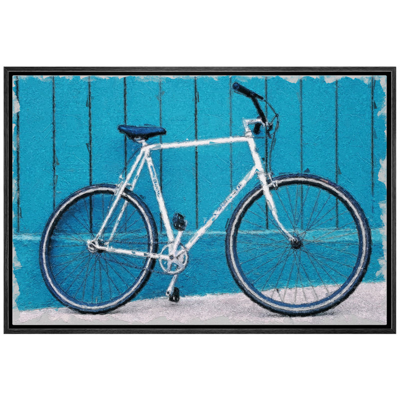 Vélo de route debout près du mur bleu - peinture sur toile à cadre flottant, Cadre noir, H 16 po x l 24 po x P 1,5 po