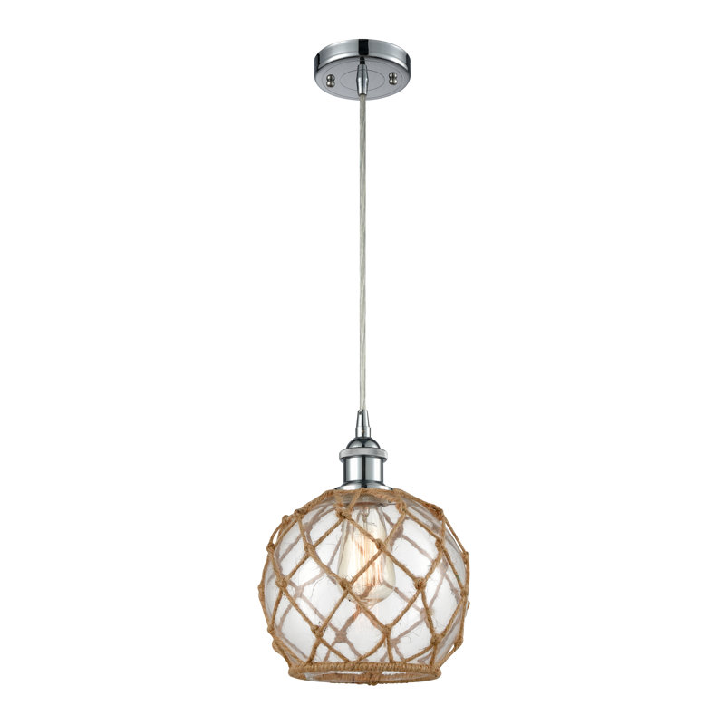Luminaire suspendu en forme de globe à 1 lumière avec accents en corde Tobey, Clair/Brun, Chrome poli