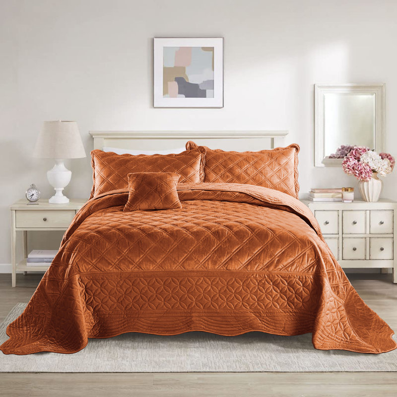4 Piece Oversized soft Microplush Quilt Set, Queen Quilt + 2 Standard Shams + Throw Pillow, Brick