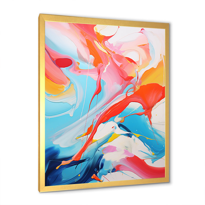 «Blue An Pink Paint Storm I», art mural abstrait à l'encre liquide, Encadrement doré, H 20 po x l 12 po x P 1 po