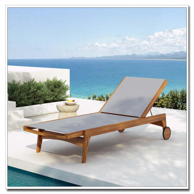 Chaise longue d'extérieur, structure en bois d'acacia avec assise en filet