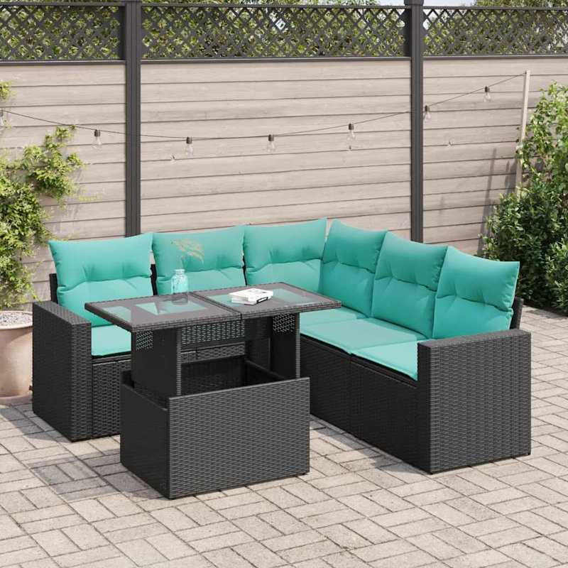  6 Piece Patio Sofa Set With Cushions Poly Rattan Acacia, Green, Black