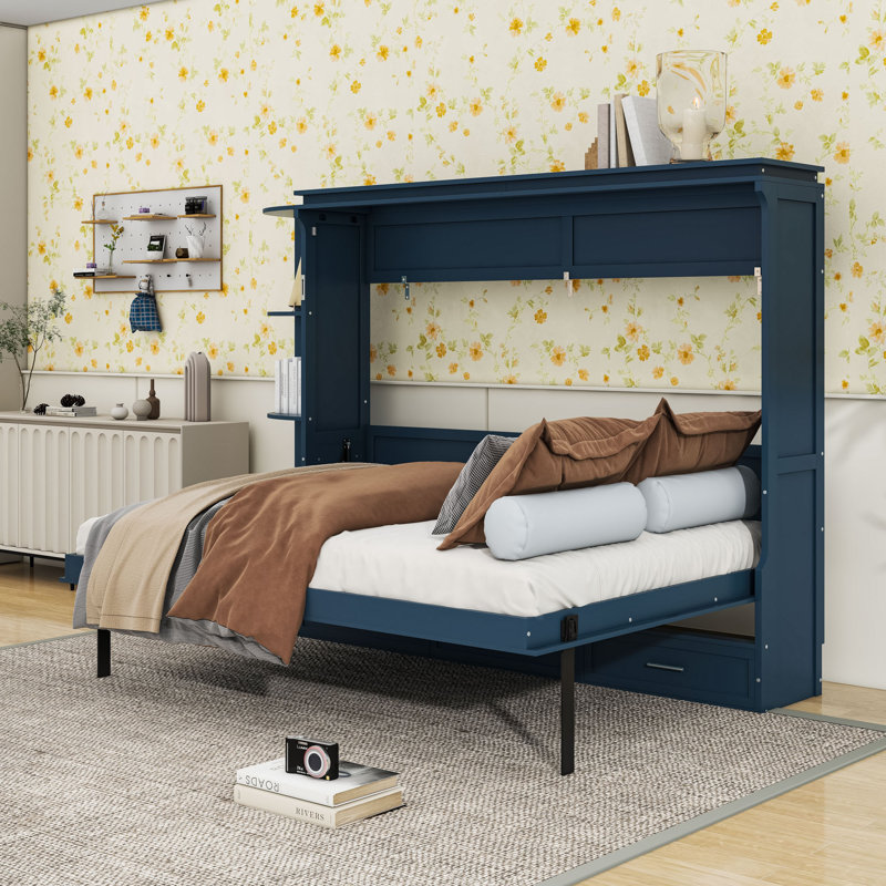 Lit escamotable peu encombrant avec tablettes latérales et tiroirs, Lit double, Bleu