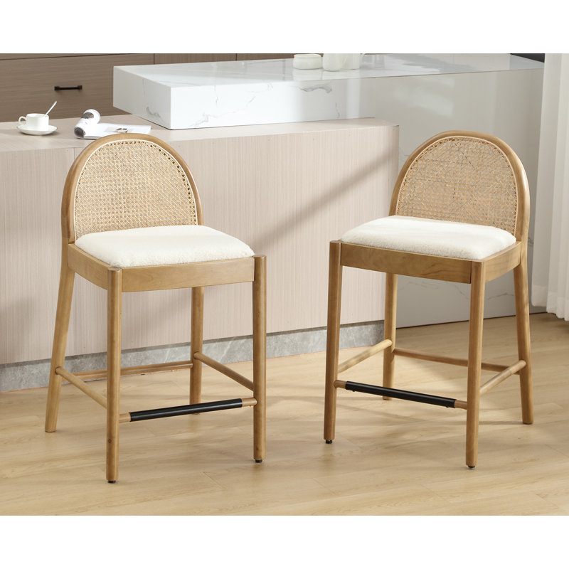 White and Natural Wood Counter Height Bar Stools with Rattan Backrests