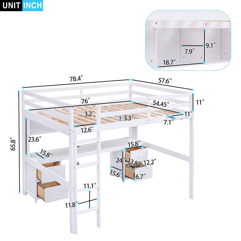 Lit mezzanine double avec bureau, armoires, tiroirs et plateau de chevet, station de charge, blanc