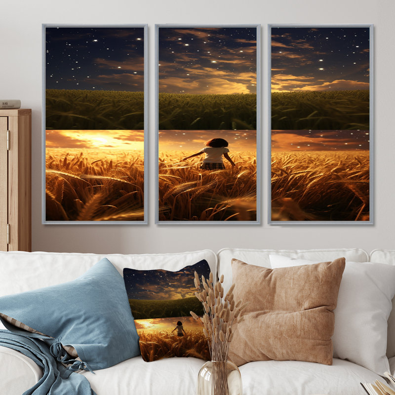 «Magical Sky Over The Golden Wheatfield - Meadow», ensemble de reproduction d'art mural, Encadrement argenté