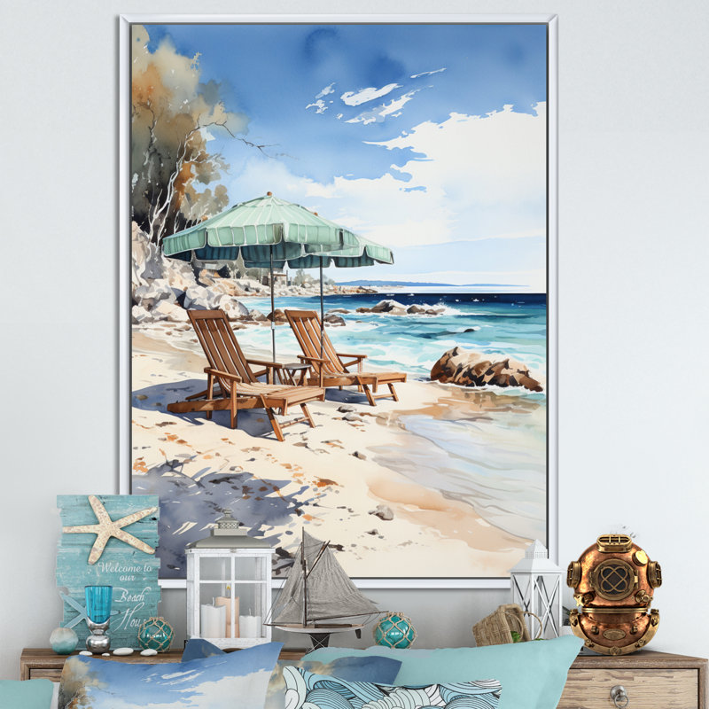 " Beach Chairs Scenery I ", White Floater Framed, 32" H x 24" W x 1" D