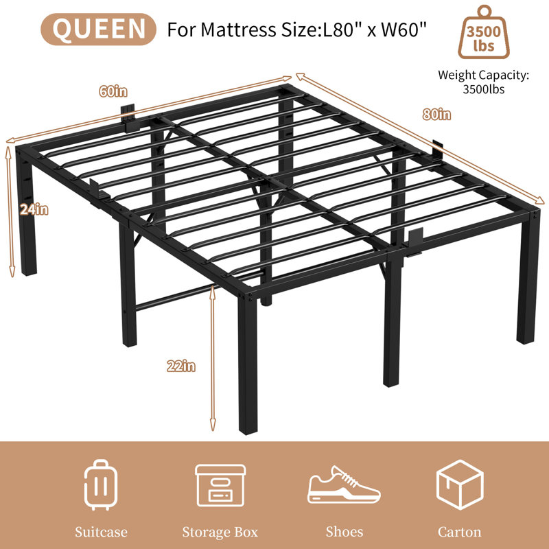 24 Inch Tall Bed Frame,Heavy Duty Bed Frame,3500 lbs Heavy Duty Metal High Platform Bed Frame,Mattress Slide Stopper,No Box Spring Needed,Noise-Free,Easy Assembly