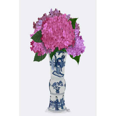 Chinoiserie hortensia rose, vase bleu