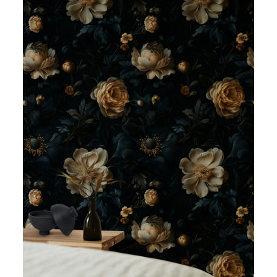 Dark Floral Wallpaper Elegant Gold and Navy Blue Botanical Design Peel and Stick Wall Decor