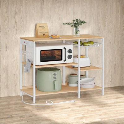 Coffee Bar Shelf with Charging Station, Storage Racks & Pull-Out Wire Basket | Microwave Table for Kitchen - Modern Multifunctional Design