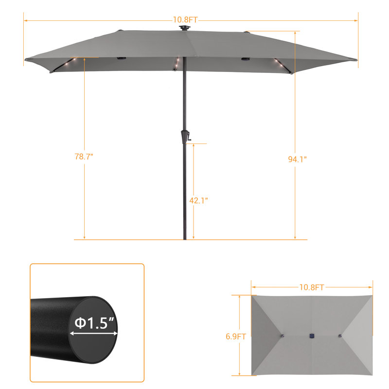 Grand parasol de marché extérieur DEL rectangulaire à double face DEL, H 7 pi 8 po x l 10 pi 8 po x P 6 pi 9 po, Gris