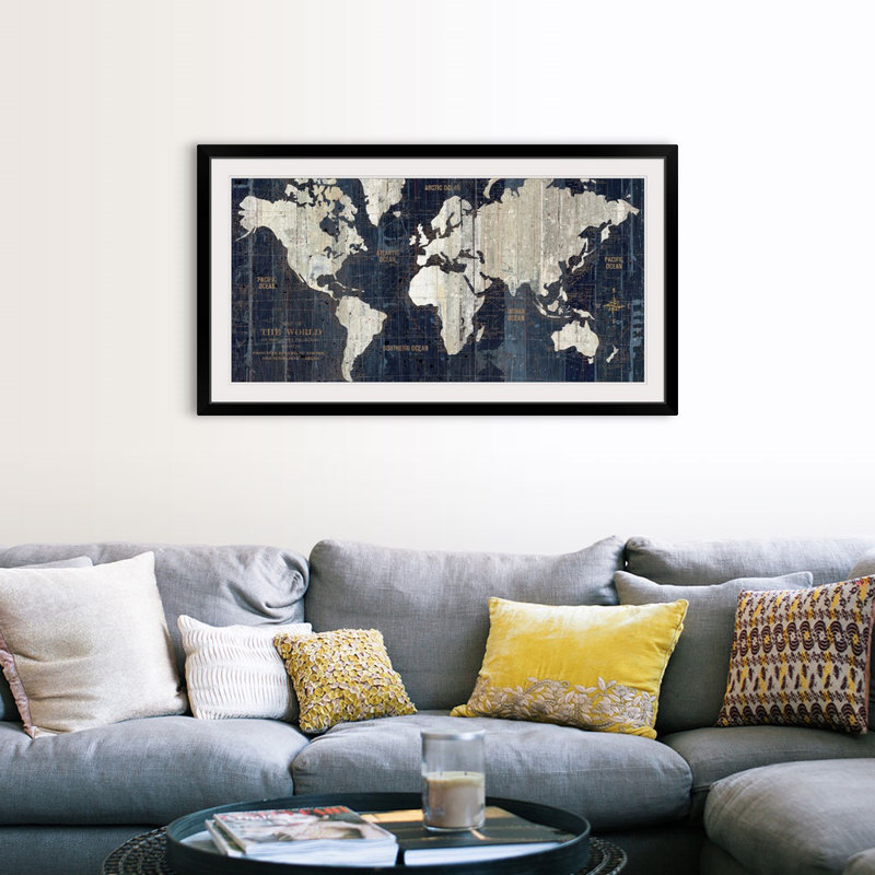 Carte du vieux monde - impression d'art graphique, Cadre noir, H 32 po x l 56 po x P 1 po