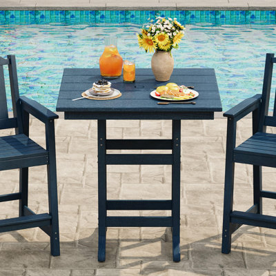 All-Weather HDPE Patio Bar Table – 31.5'' Square, Bar Height, Umbrella Hole, 300 lbs Capacity – Low Maintenance, Ideal for Balcony, Deck, Garden, Poolside – Navy (Only Table)