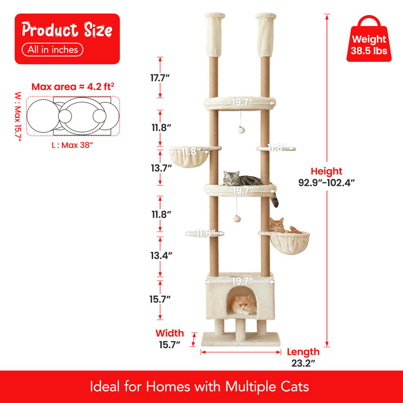92.9" - 102.4" Floor To Ceiling Adjustable Height Cat Tree Tower, Beige