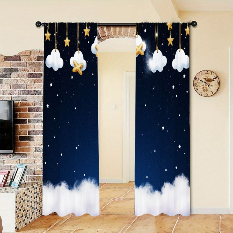 2PCS Dreamy Cloud Starry Sky Pattern Light Filtering Curtains, Cute Hanging Stars and Clouds Decor, Easy Hang Rod Pocket Design, All-Season for Teens Bedroom Dormitory Living Room Decoration