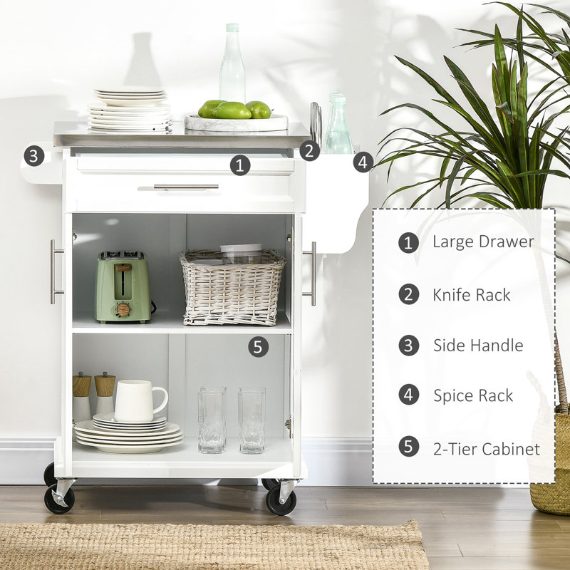 Kitchen Island on Wheels, Rolling Kitchen Cart with Stainless Steel Countertop, Drawer, Towel Rack and Spice Rack, Utility Storage Trolley