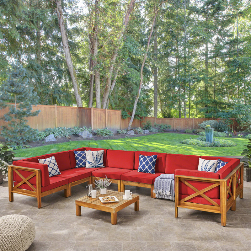 Acacia 8 - Person Patio Conversation Set with Cushions, Teak Frame / Red Cushion