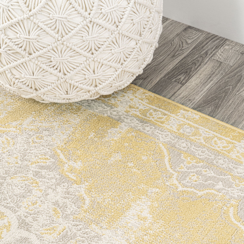 Marlik Ornate Medallion Modern Yellow/Cream Rug, Runner 2'2" x 8'
