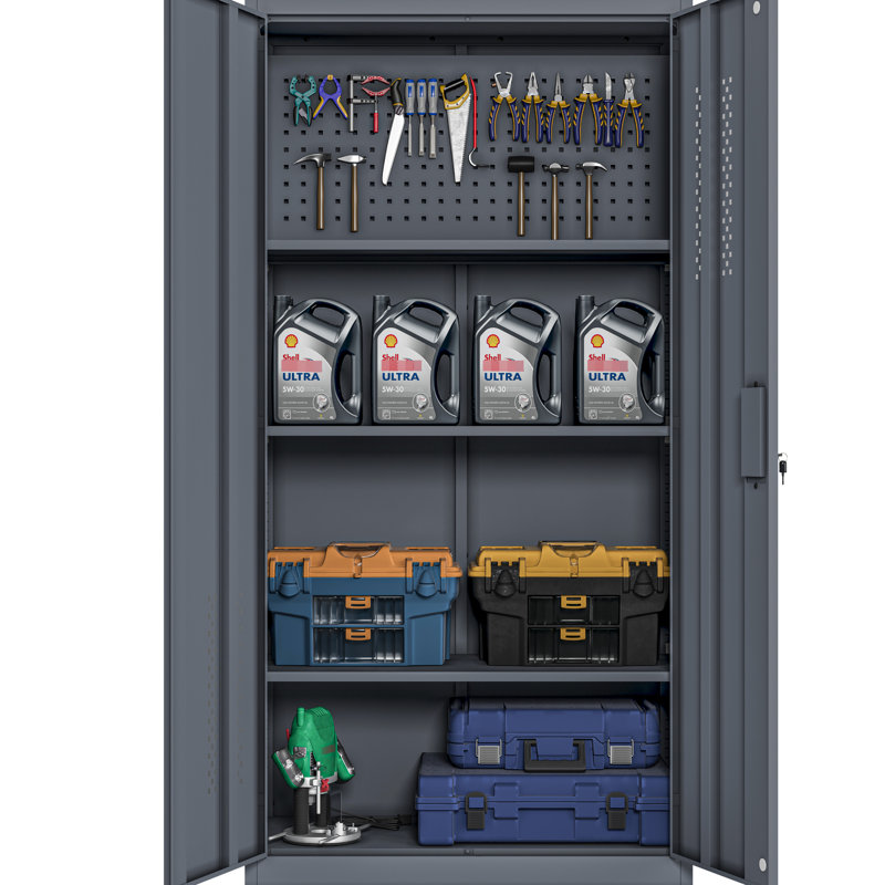 Armoire de garage en acier gris avec 2 portes, 4 tablettes réglables, intérieur et une hauteur de 71,92 pouces pour les gymnases de bureau à domicile, tablettes de rangement verrouillables à grande capacité pour écoles de profondeur, espace