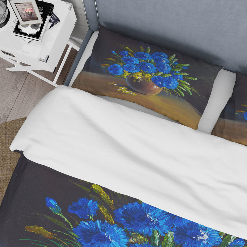Nature morte un bouquet de fleurs sauvages bleues - ensemble de housse de couette traditionnel - microfibre de polyester