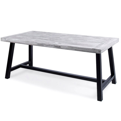 Table de salle à manger d'extérieur en bois d'acacia gris sablé clair avec cadre en métal noir rustique