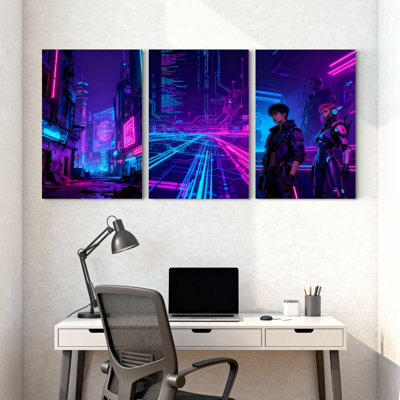 Abstract Cyberpunk City Neon Lights Future Tech Characters Set of 3 Canvas Wall Art Prints