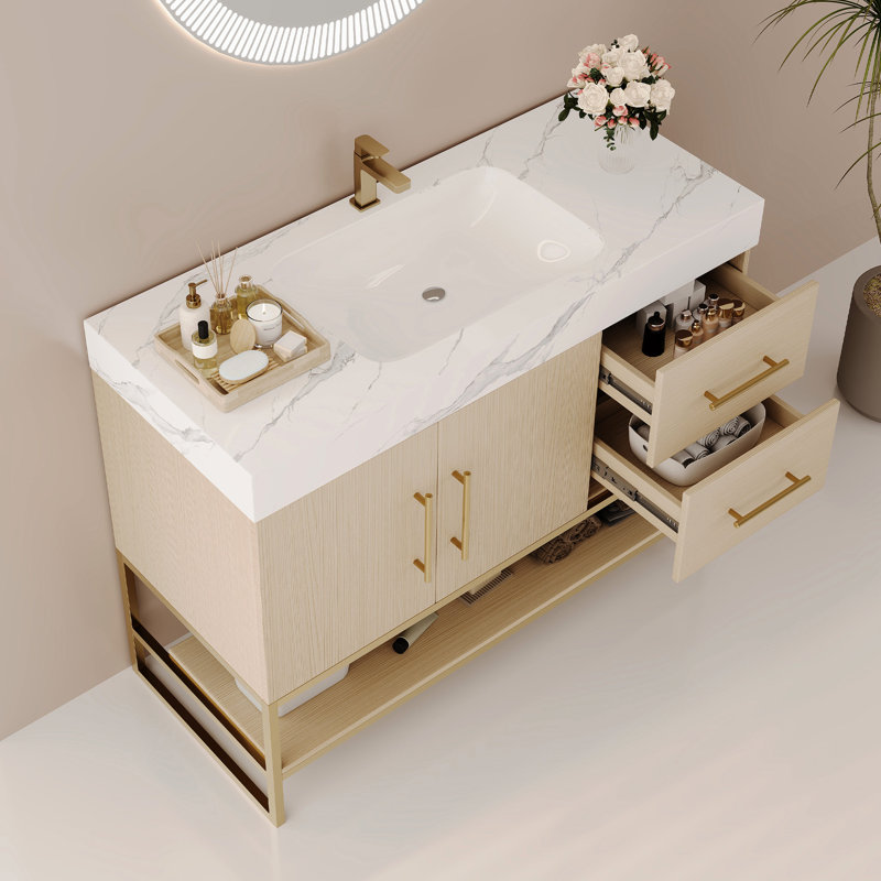 Meuble-lavabo moderne de 36 po avec décor doré et lavabo en céramique intégré, tiroirs supérieurs complets, capacité de soutien élevée