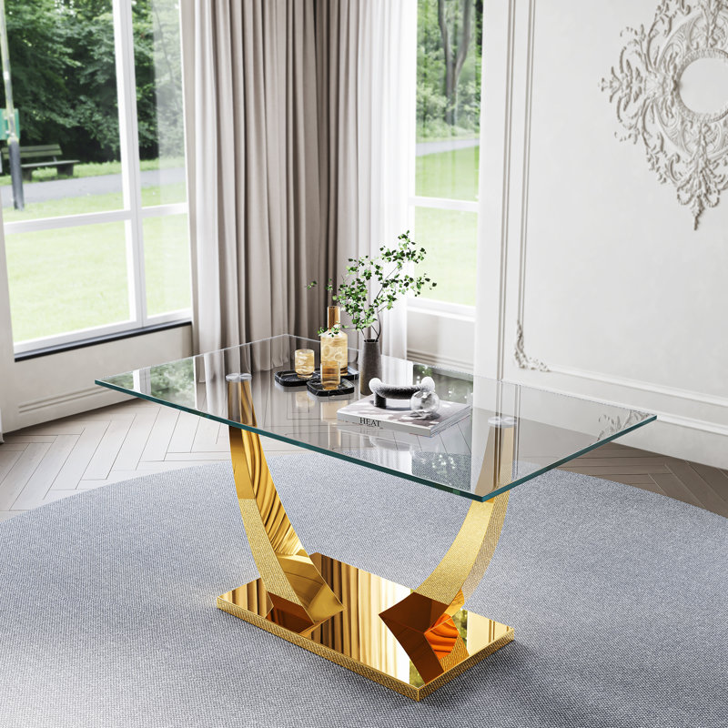Table de salle à manger rectangulaire en verre 63 po avec base en U en acier inoxydable 63 po, Doré