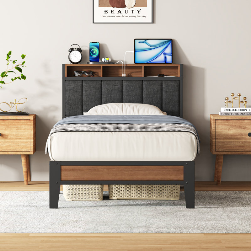 Upholstered Bed Frame with Charging Station and Storage Headboard, Twin XL, Gray