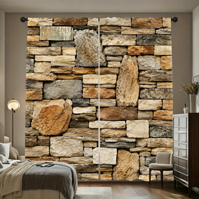 Rideaux filtrant la lumière avec passe-tringle 2PCS, rideaux imprimés de texture de mur de pierre empilée couleur terre naturelle, décor de maison de campagne rustique, habillage de fenêtre toutes saisons pour salon, chambre à coucher, étude de la maison, décoration