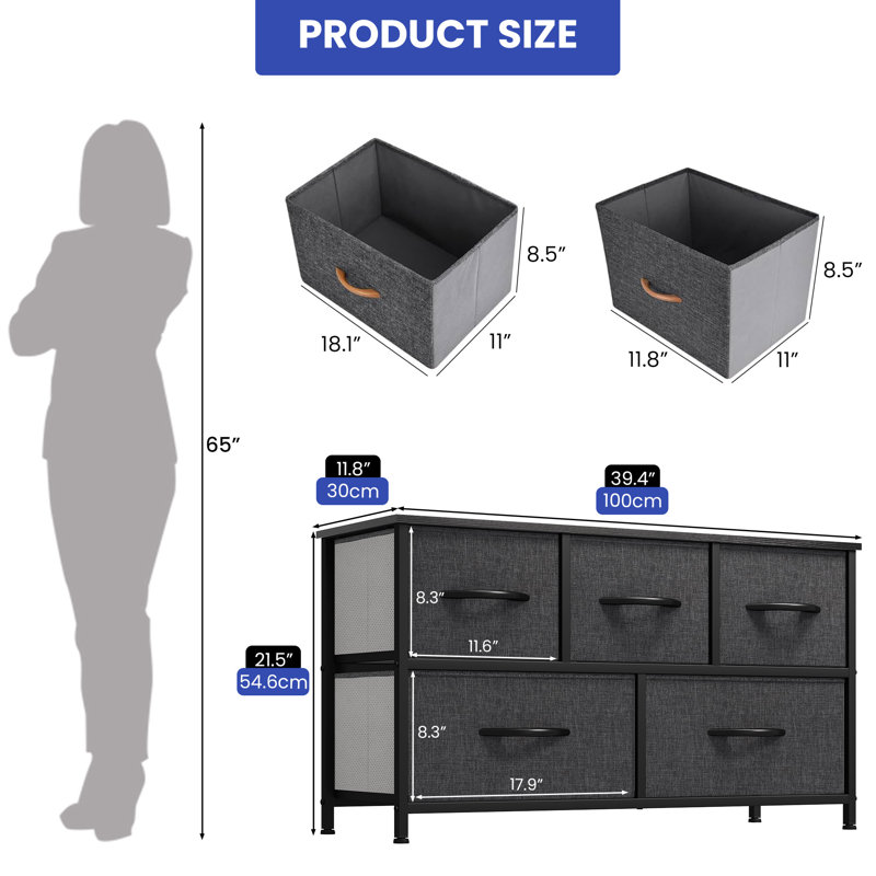 Commode de rangement avec 5 tiroirs de 2 tailles différentes, Gris foncé / Noir