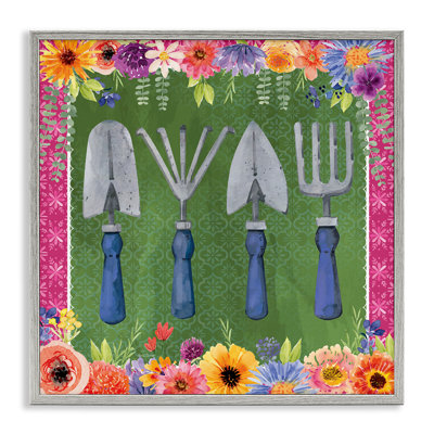 Outils de jardinage et bordure florale, estampe numérique, design par Nicole DeCamp