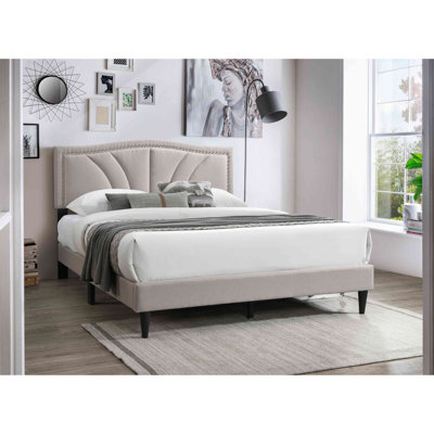 Lit moderne de style vintage, 1 piÃ¨ce, en toile de jute, avec tÃªtes de lit et cadre de lit ornÃ©s de clous dÃ©coratifs