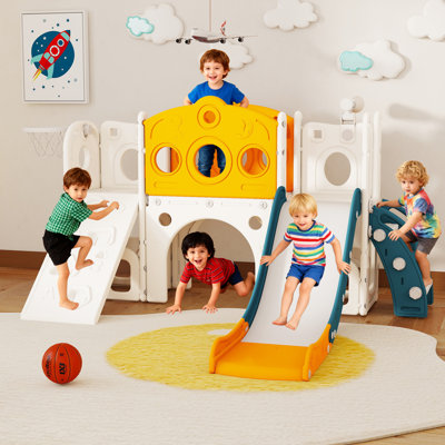 Glissoire 9 en 1 pour tout-petits, ensemble de jeu intérieur pour enfants 1 2 3 ans, glissade pour enfants avec espace de rangement et marches antidérapantes, basketball et télescope, jaune et vert
