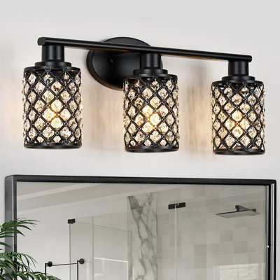 Luminaire de salle de bain moderne noir avec abat-jour en cristal - luminaire de salle de bain à 3 lumières pour les espaces campagnards ou contemporains, idéal pour une installation au-dessus d'un miroir