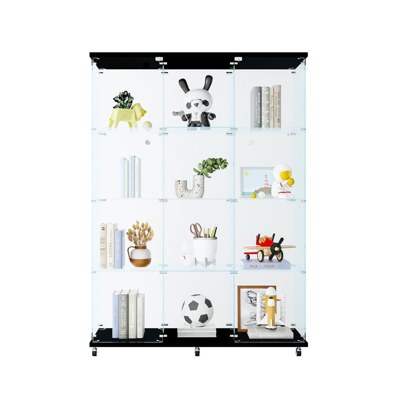Grande vitrine à 4 tablettes en verre noir pour chambre à coucher, convient aux figurines, vin, whisky, verre trempé de 5 mm, armoire en bois, rangement en métal à rivets, poignée solide