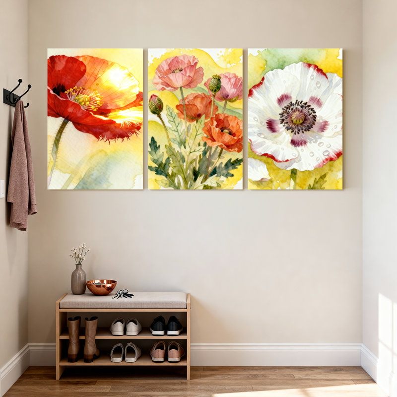 Aquarelle, coquelicot, art floral sur toile tendue, ensemble de 3 pour salon, chambre à coucher, décoration intérieure