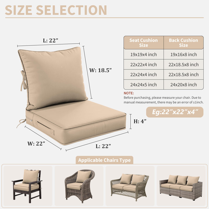 Outdoor Deep Seating Cushion Set Indoor And Outdoor Seat / Back Cushion, Available In 4 Sizes, 22" H x 22" W, Sand