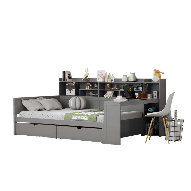 Full Size Wooden Daybed with Trundle, Storage Drawers, and Study Desk for Space-Saving Multi-Functional Use., Full