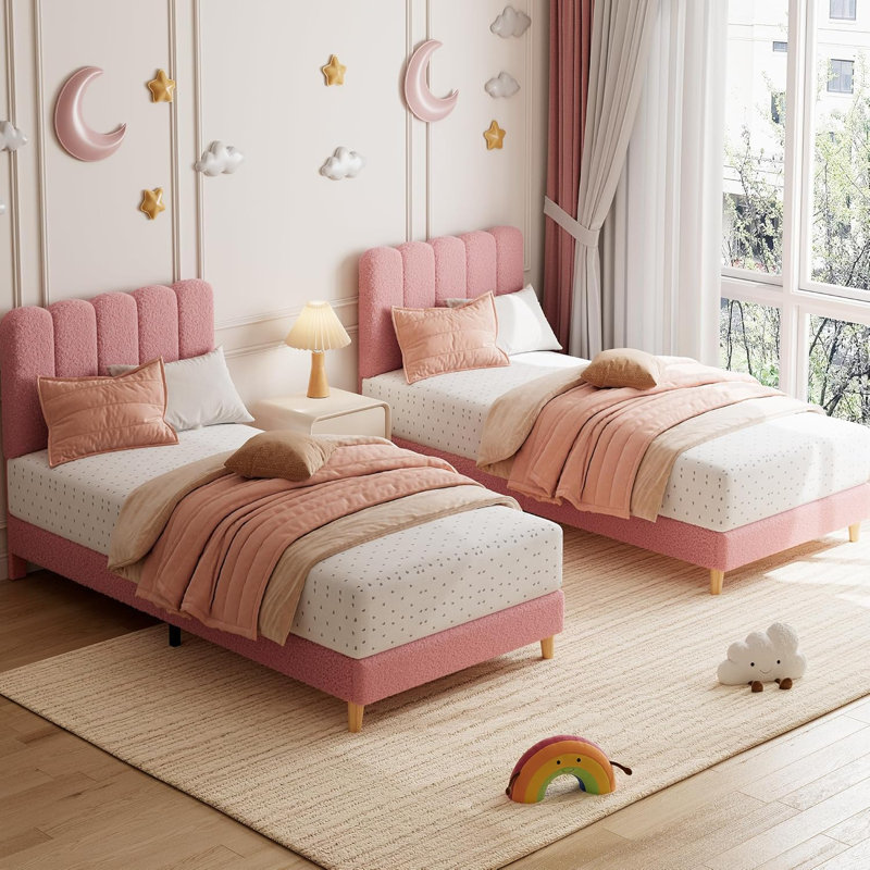 Twin Size Upholstered Platform Bed with Wave Headboard, Velvet Frame for Kids, Wooden Slats Support, No Box Spring Required