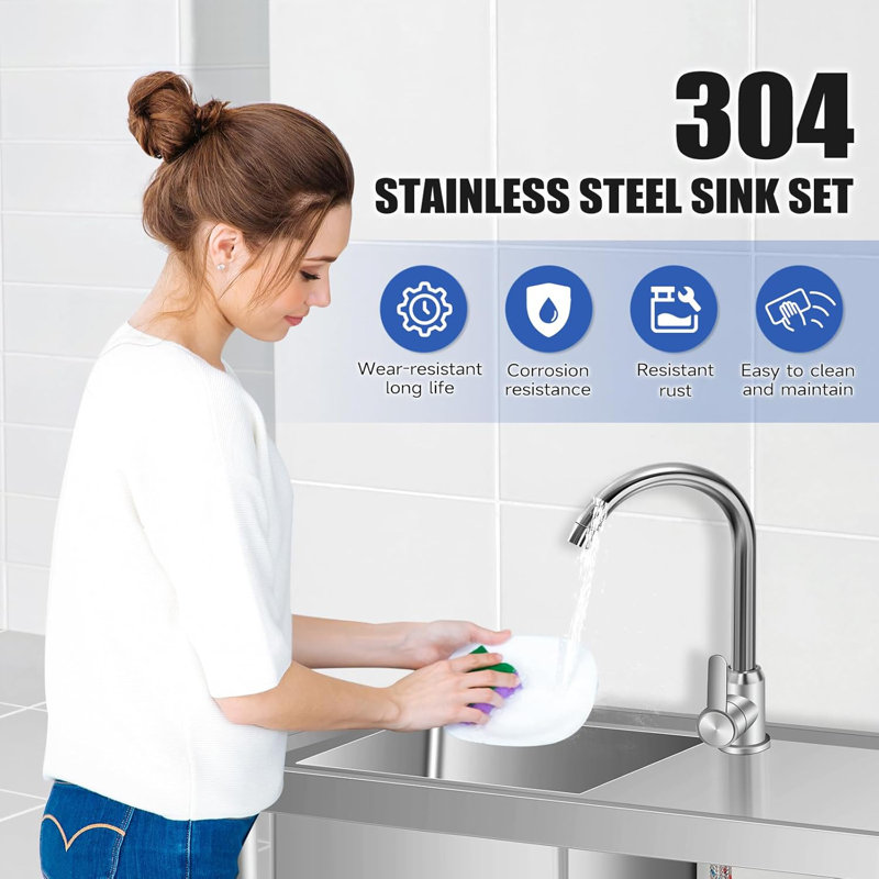 Stainless Steel Utility Sink, Freestanding Single Bowl Commercial Sink with Cold and Hot Water Pipes for Laundry Room Kitchen and Bathroom Farmhouse