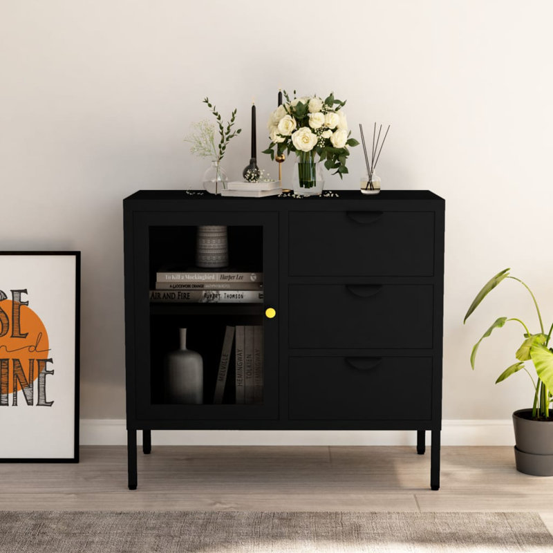 Sideboard Side Table for Living Room Bedroom Steel and Tempered Glass, Black