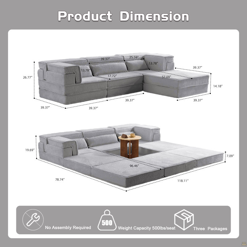 Compression Mahjong Sofa,Convertible Floor Sofa Bed,DIY Boneless Modular Sectional Sofa,No Assembly Required, Gray Fabric
