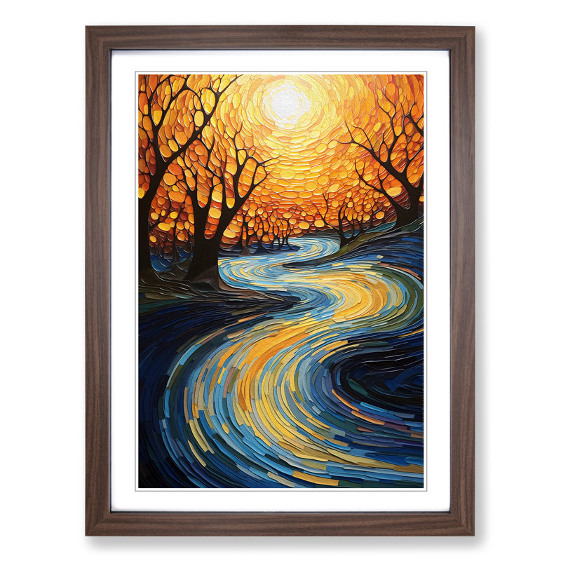 River Abstract - Single Picture Frame Print on Wood, 46cm H x 34cm W x 2cm D, Walnut